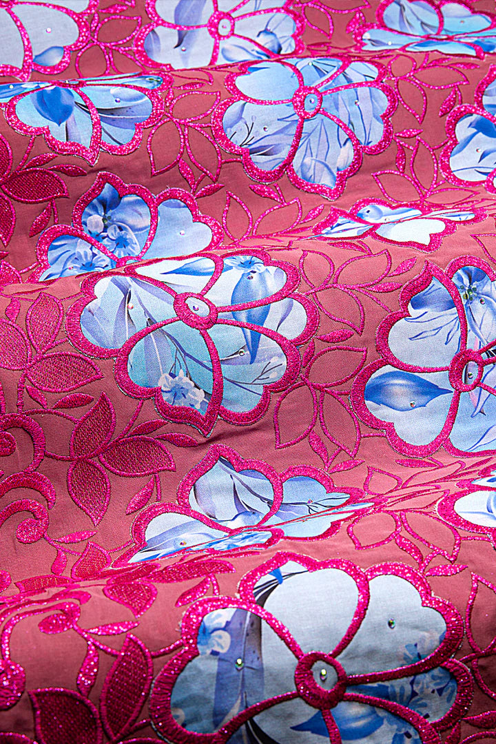 LTD497-MUL - Limited Edition Voile Lace, with Appliqué - Mulberry & Sky Blue Appliqué