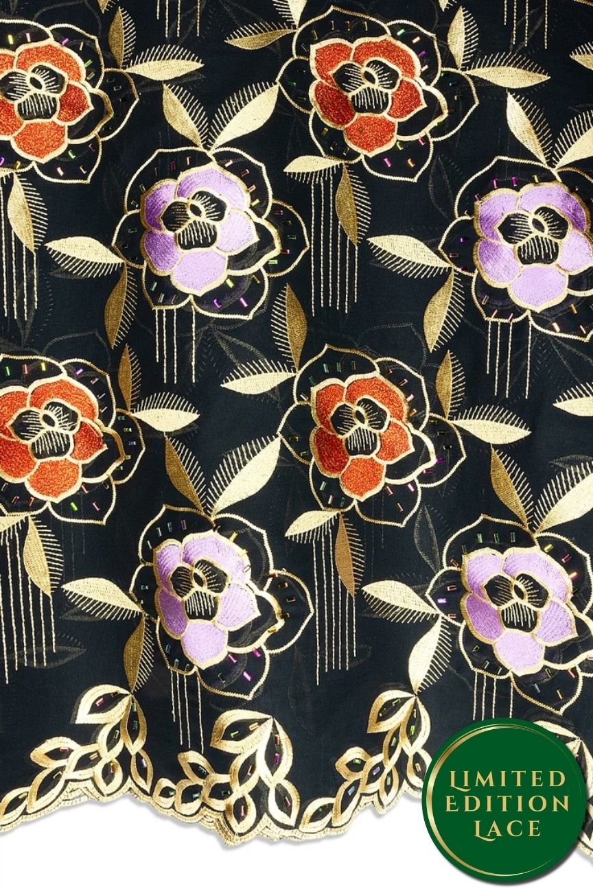 LTD500-BLK - Limited Edition Voile Lace, with Rhinestones - Black, Champagne Gold, Lilac & Red