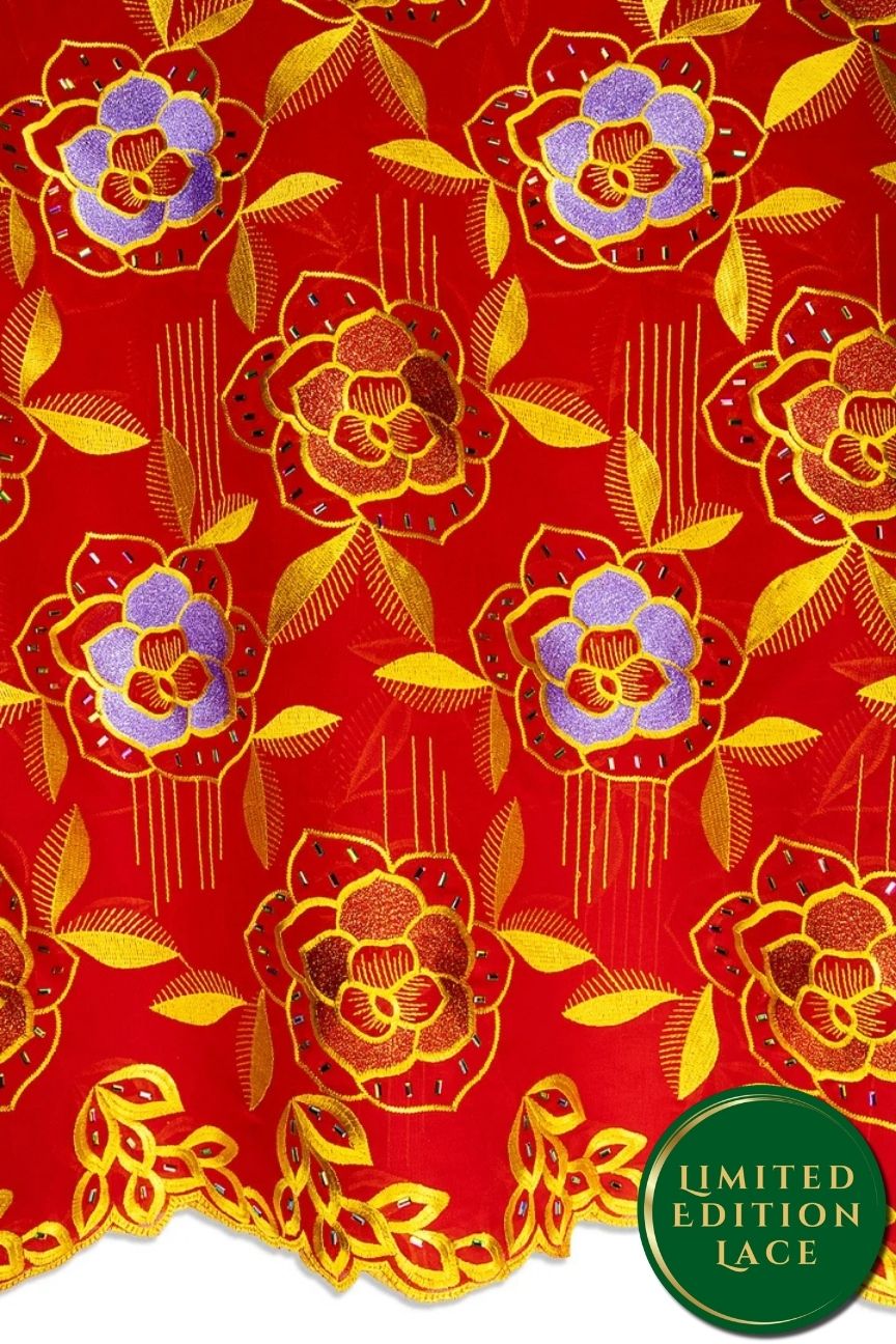LTD500-RED - Limited Edition Voile Lace, with Rhinestones - Red, Gold & Lavender