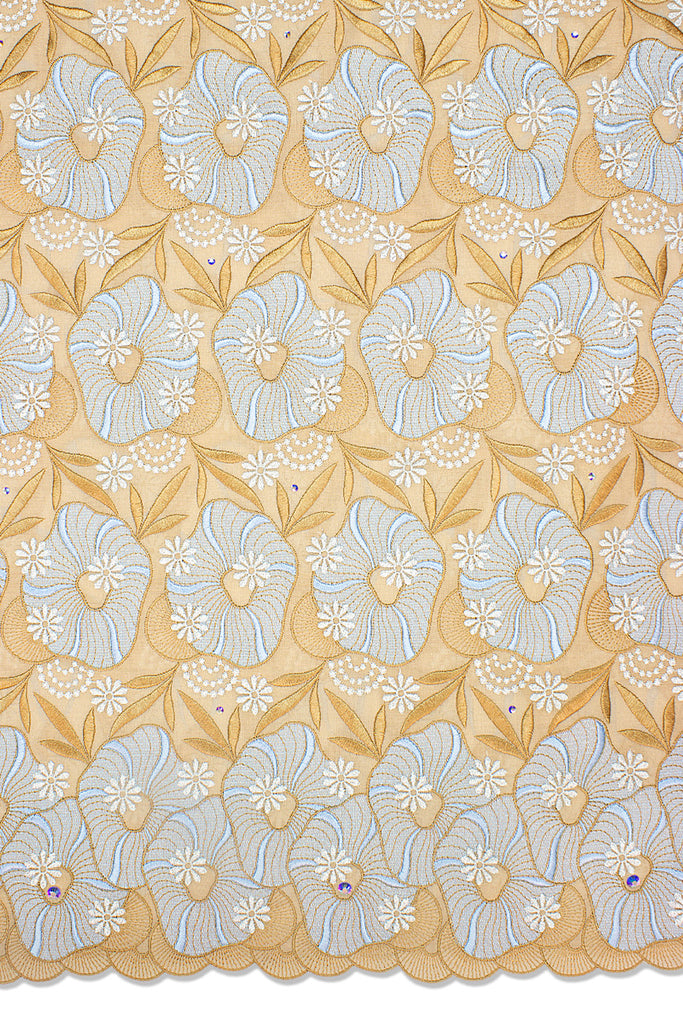OCL166-LBR - Voile Lace, Made In Austria - Light Brown, Light Blue & Gold