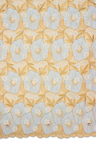 OCL166-LBR - Voile Lace, Made In Austria - Light Brown, Light Blue & Gold
