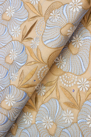 OCL166-LBR - Voile Lace, Made In Austria - Light Brown, Light Blue & Gold