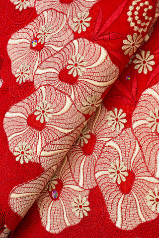 OCL166-RED - Voile Lace, Made In Austria - Red & Gold