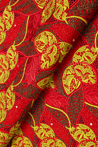 OCL175-RED - Big Voile Lace, Made In Austria - Red, Gold & Black