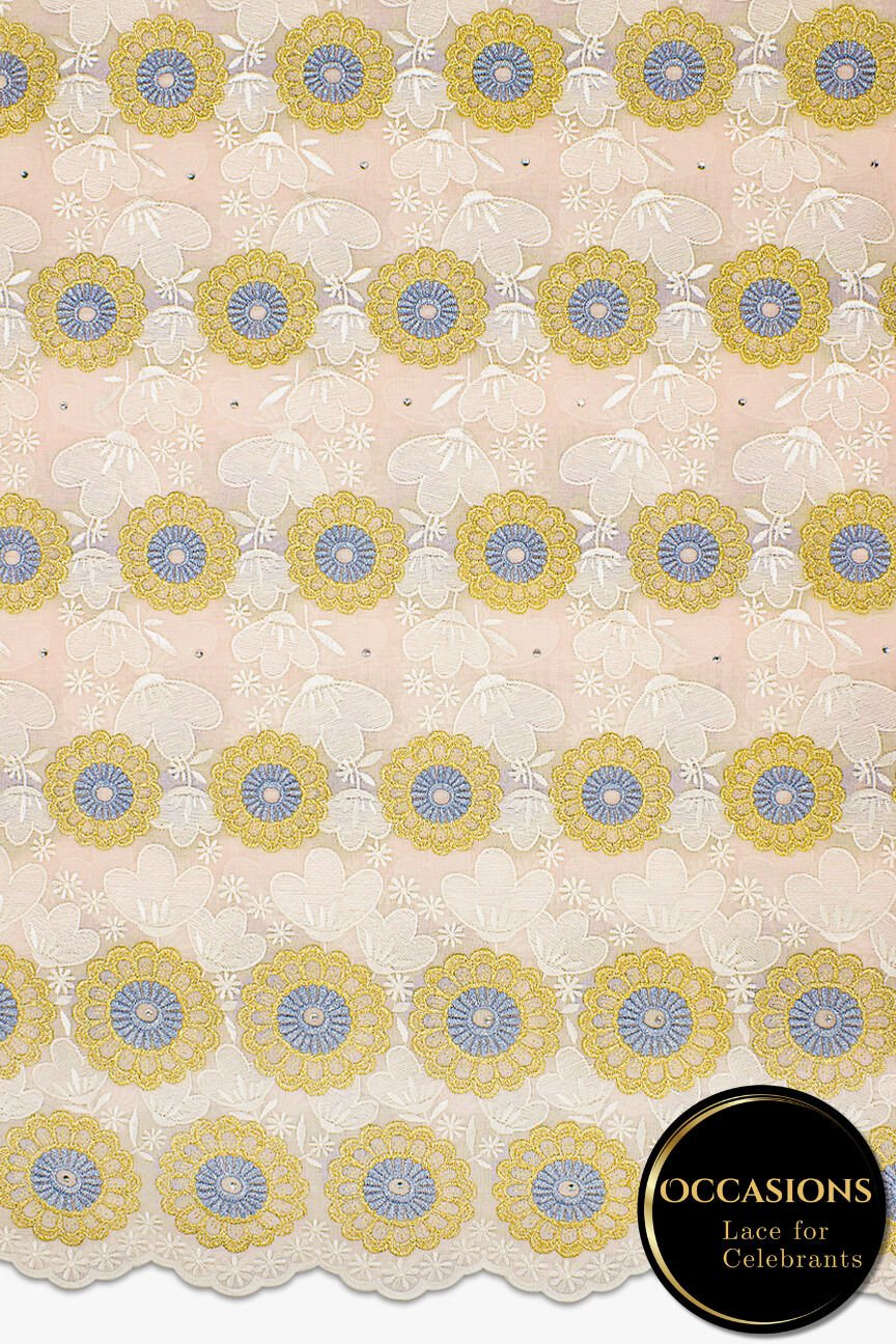 OCL186-BPK - Big Voile Lace, Made In Austria - Baby Pink, Gold & Sky Blue