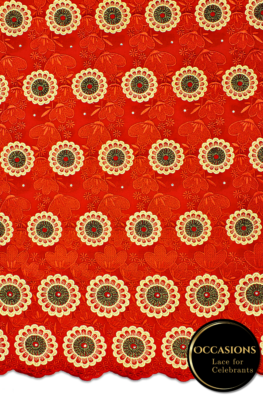 OCL186-RED - Big Voile Lace, Made In Austria - Red, Gold & Black