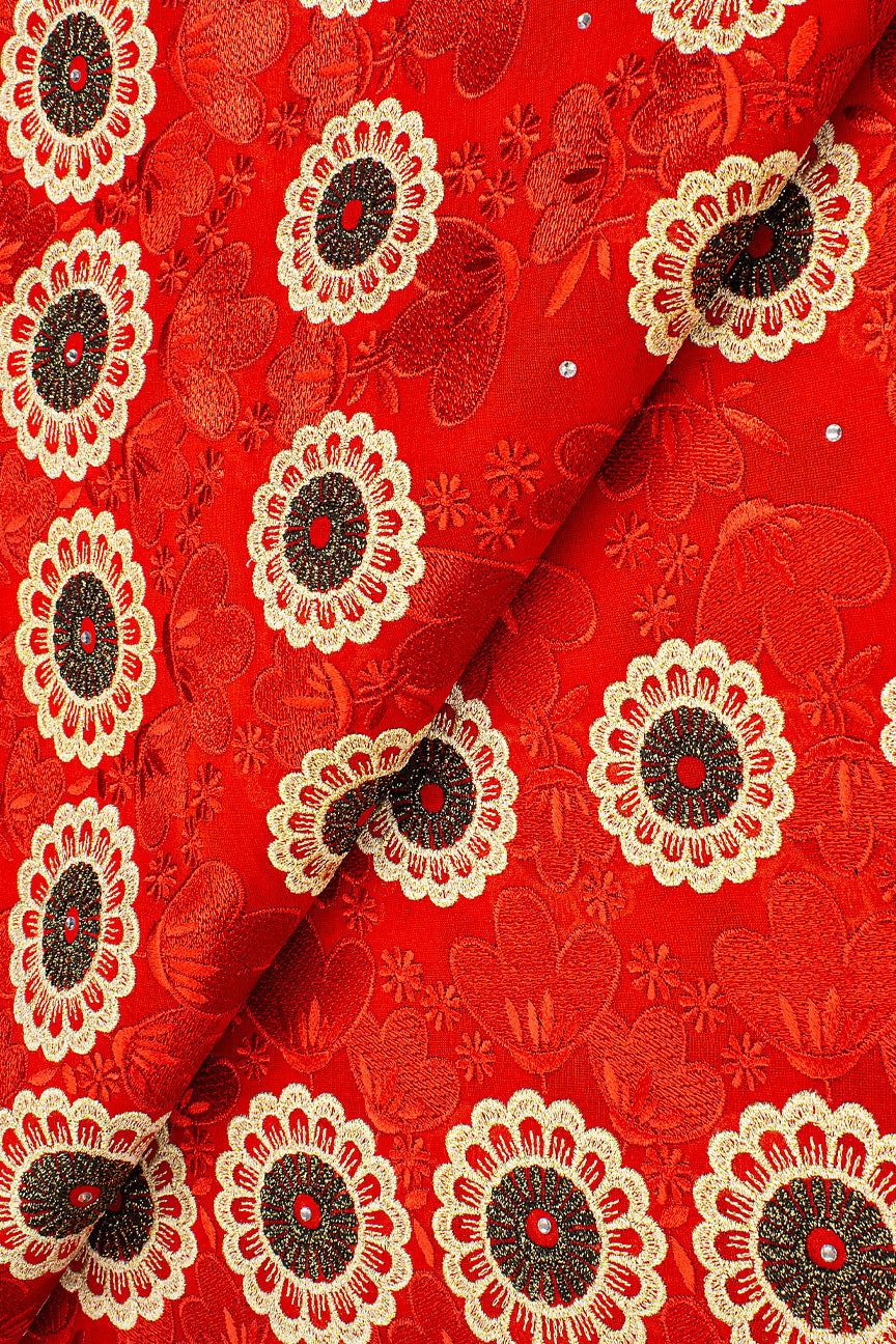 OCL186-RED - Big Voile Lace, Made In Austria - Red, Gold & Black