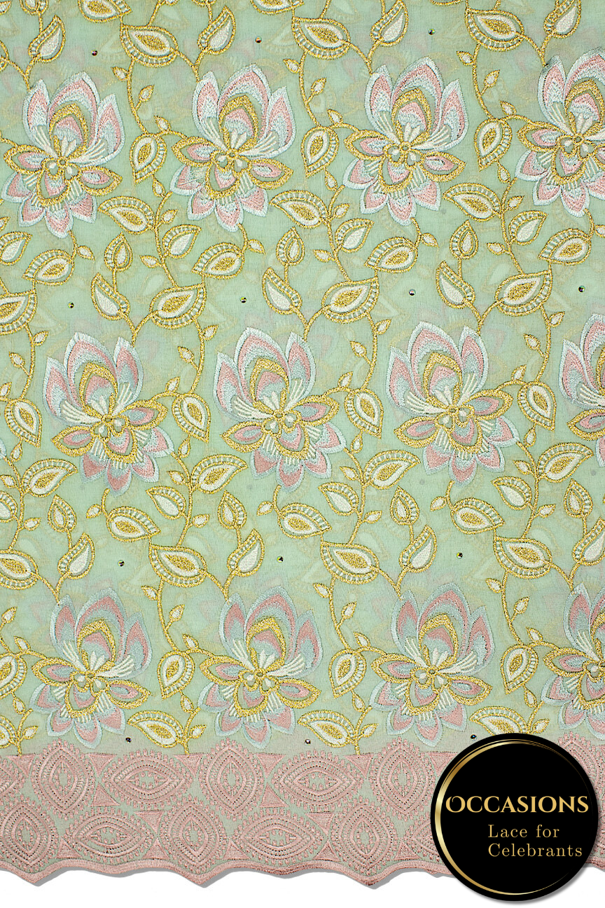 OCL189-PGN - Big Voile Lace, Made In Austria - Pastel Green, Pink & Gold