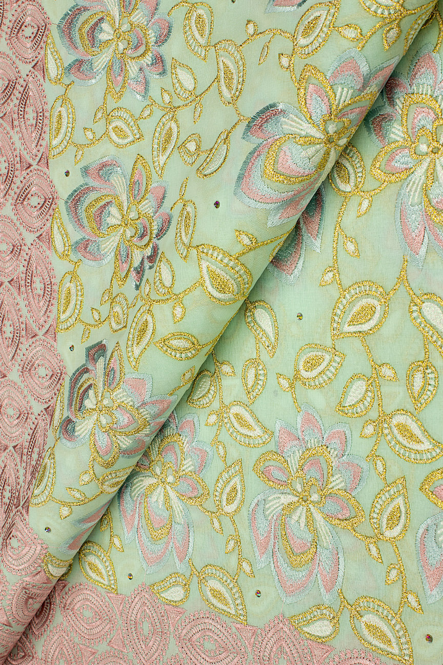 OCL189-PGN - Big Voile Lace, Made In Austria - Pastel Green, Pink & Gold