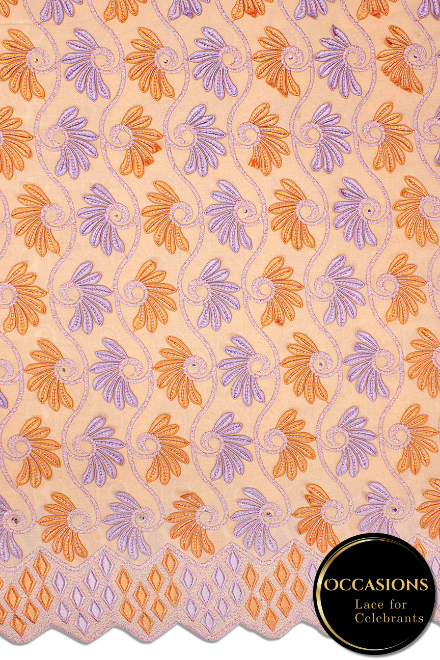 OCL192-PCH - Big Voile Lace, with Appliqué - Peach, Orange & Lilac