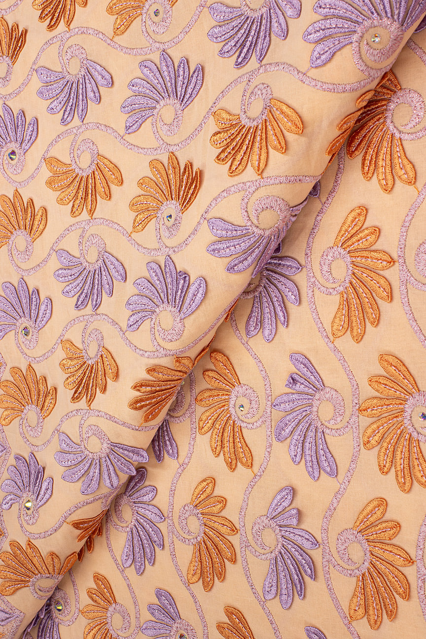 OCL192-PCH - Big Voile Lace, with Appliqué - Peach, Orange & Lilac