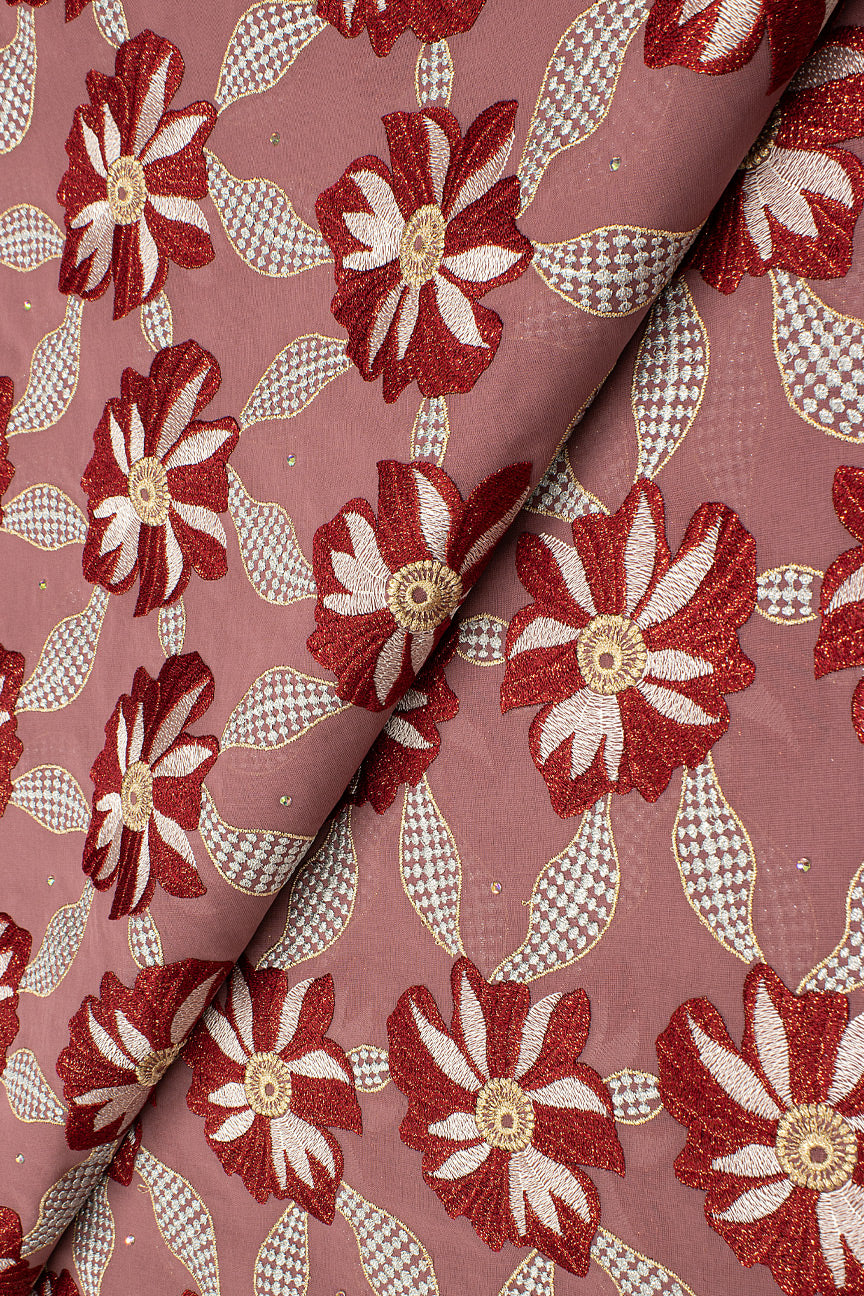 OCL196-DPK - Big Voile Lace, Made In Austria - Dusty Pink, Gold & Wine