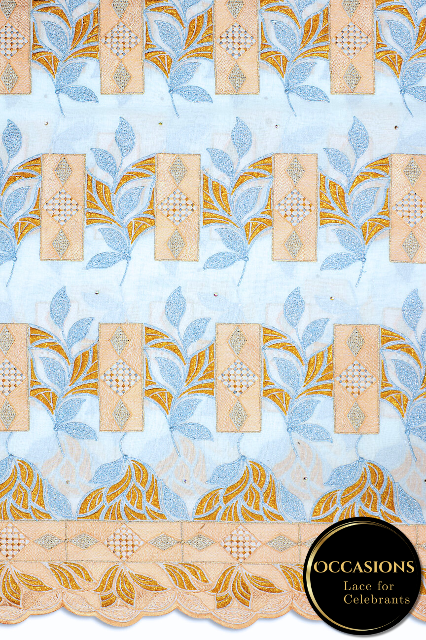 OCL197-WPT - Big Voile Lace, Made In Austria - White, Peach, Turquoise Blue & Orange