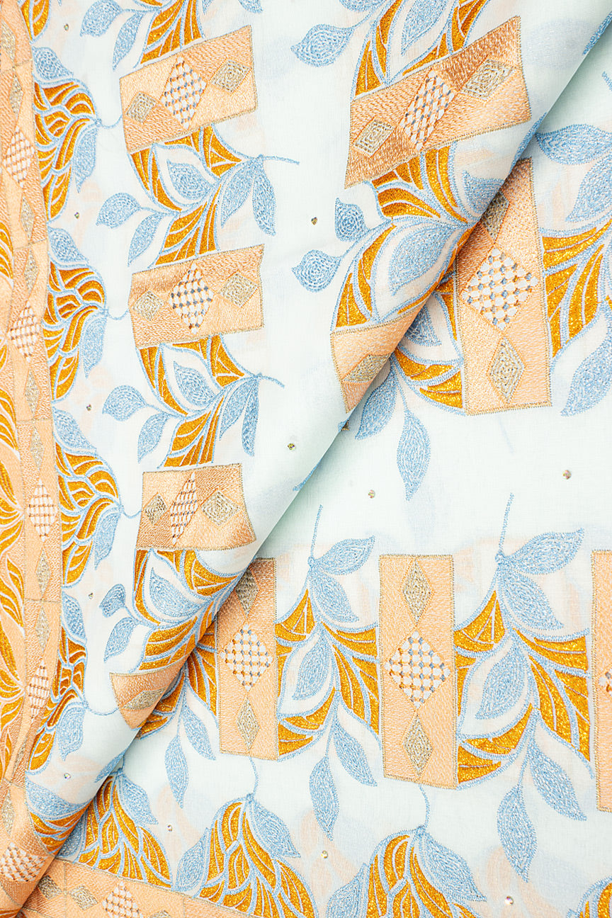 OCL197-WPT - Big Voile Lace, Made In Austria - White, Peach, Turquoise Blue & Orange