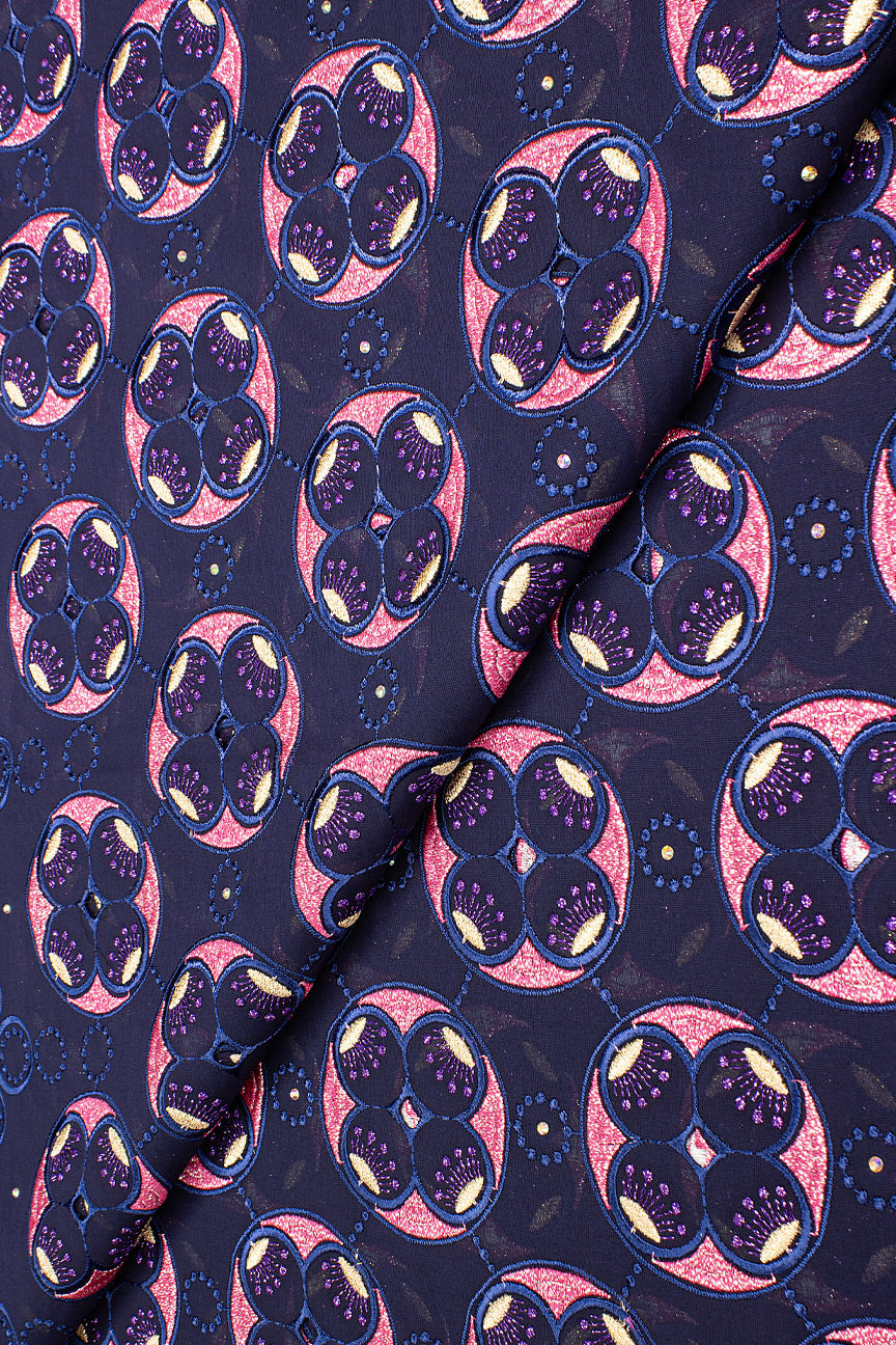 OCL198-NVB - Big Voile Lace, Made In Austria - Navy Blue, Hot Pink & Gold
