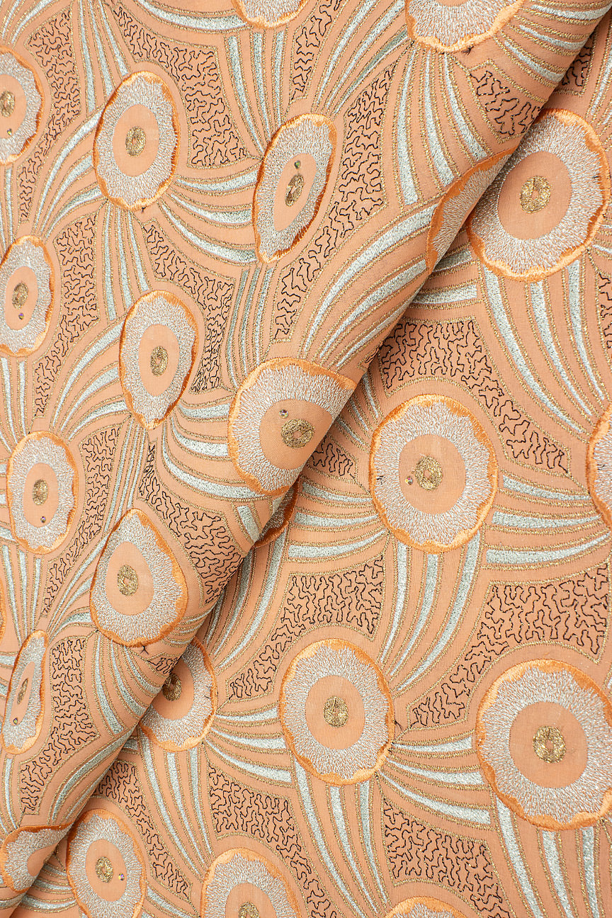 OCL198-PCH - Big Voile Lace, Made In Austria - Peach & Silver