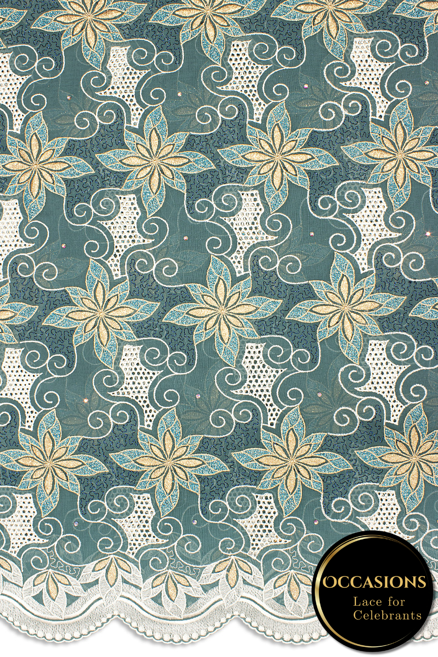 OCL199-VGN - Big Voile Lace, Made In Austria - Viridian Green, Gold & Turquoise