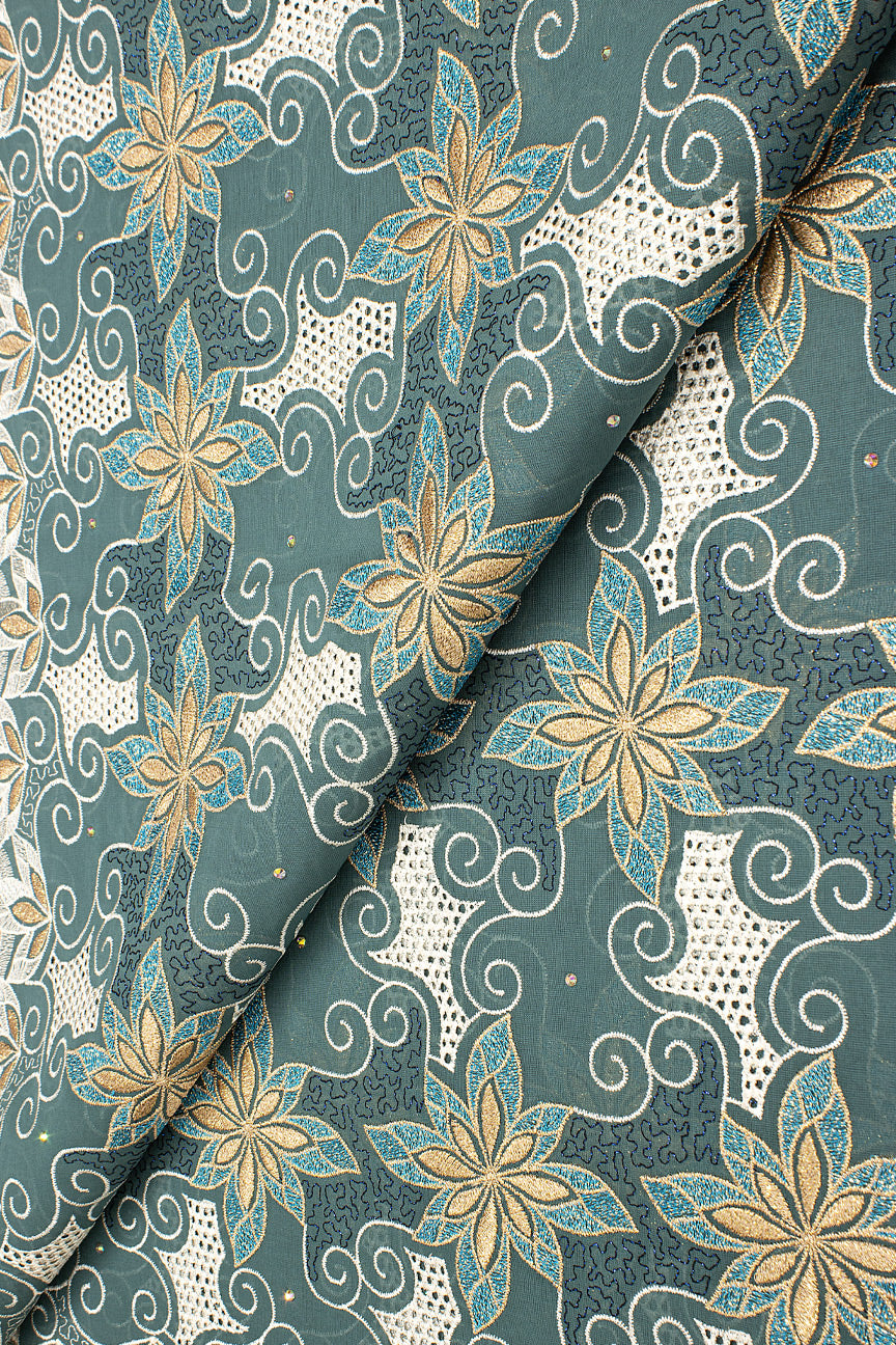 OCL199-VGN - Big Voile Lace, Made In Austria - Viridian Green, Gold & Turquoise