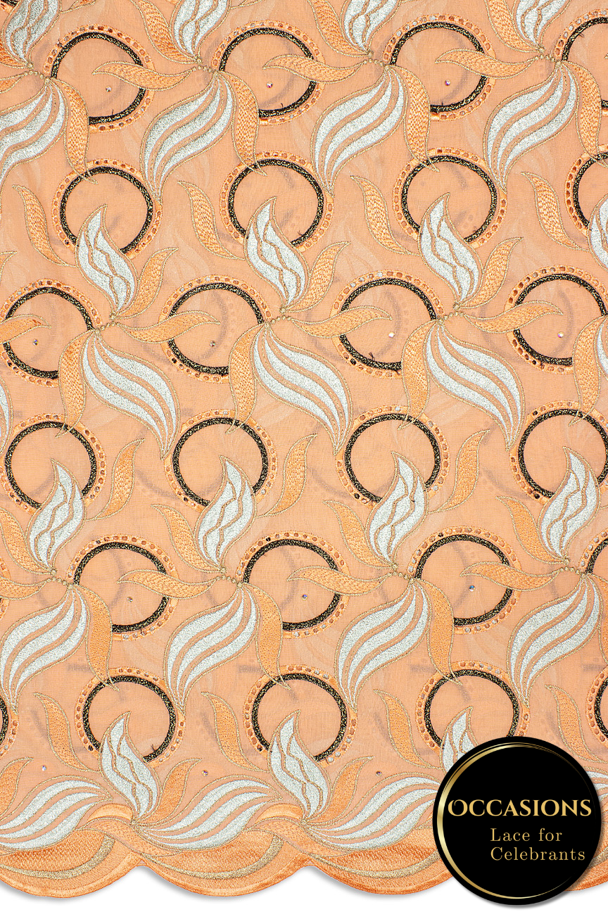 OCL201-PCH - Big Voile Lace, Made In Austria - Peach, Silver & Black