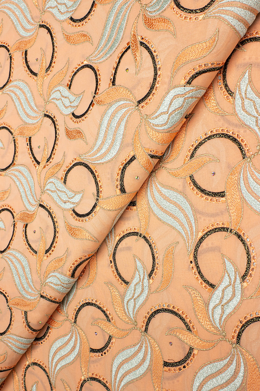 OCL201-PCH - Big Voile Lace, Made In Austria - Peach, Silver & Black