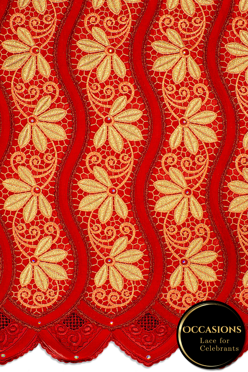 OCL202-RED - Big Voile Lace, Made In Austria - Red & Gold