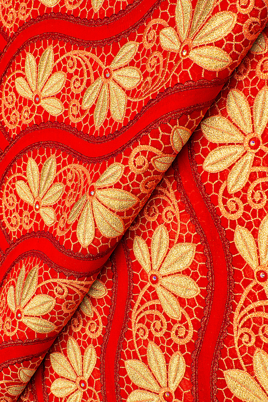 OCL202-RED - Big Voile Lace, Made In Austria - Red & Gold
