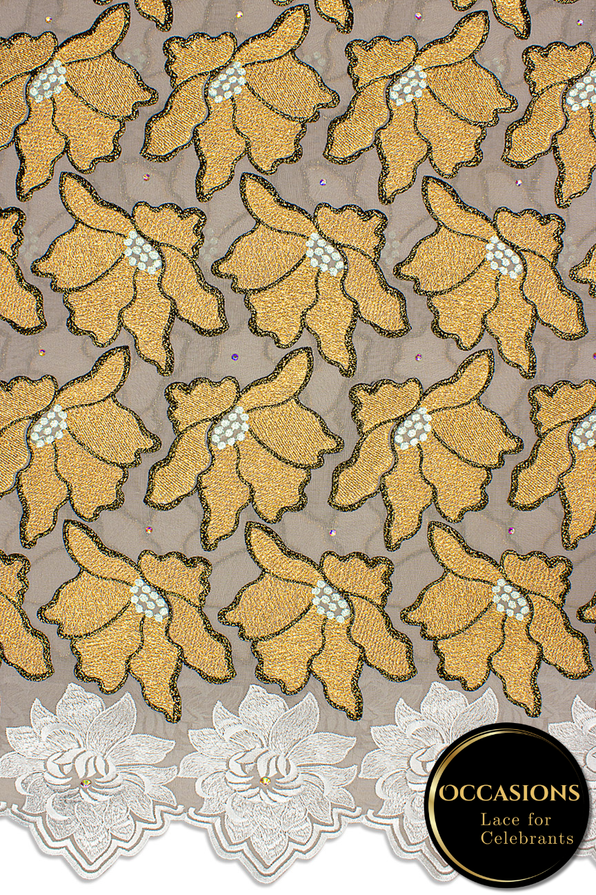 OCL203-GRY - Big Voile Lace, Made In Austria - Ash Grey, Gold & Black