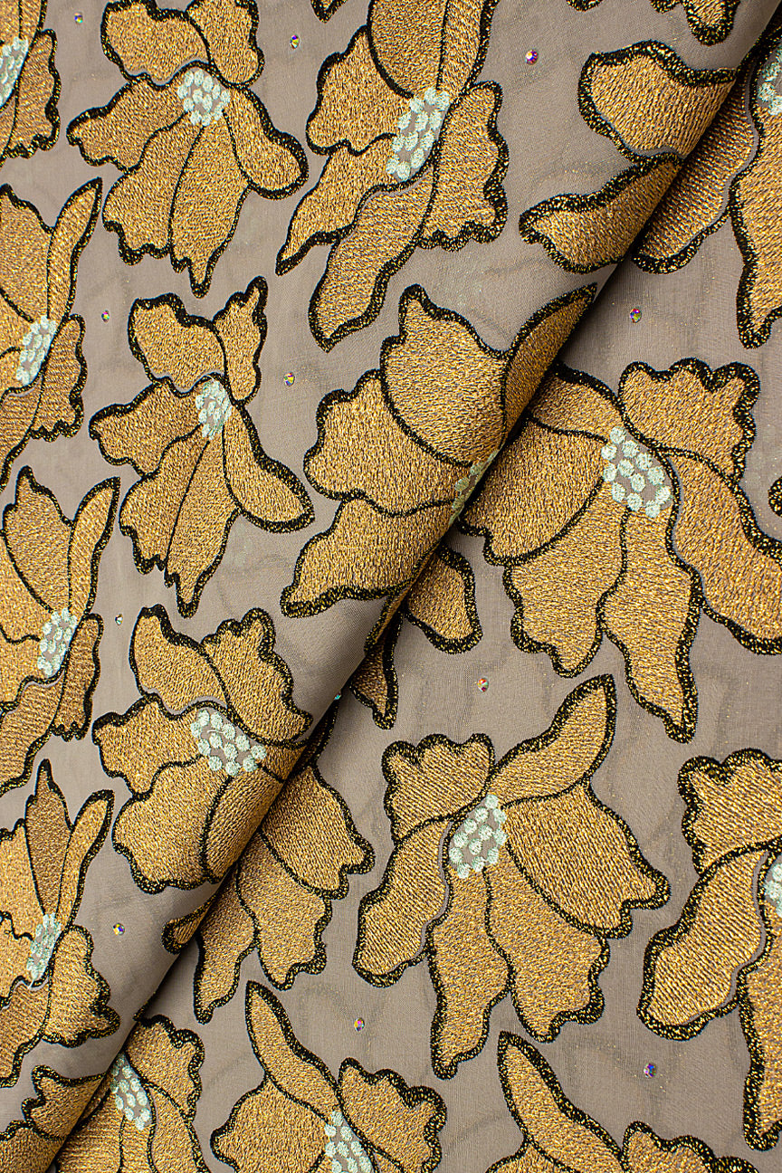 OCL203-GRY - Big Voile Lace, Made In Austria - Ash Grey, Gold & Black