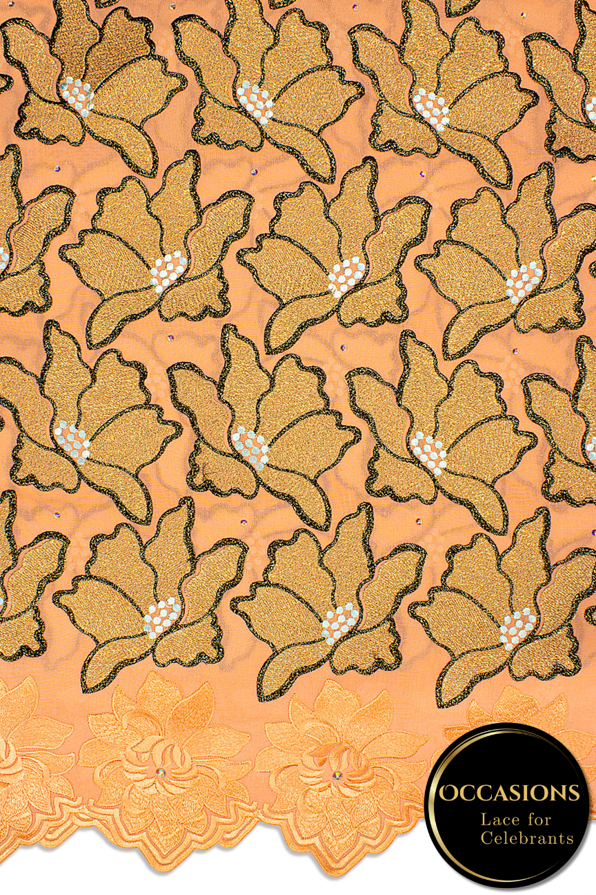 OCL203-PCH - Big Voile Lace, Made In Austria - Peach, Gold & Black