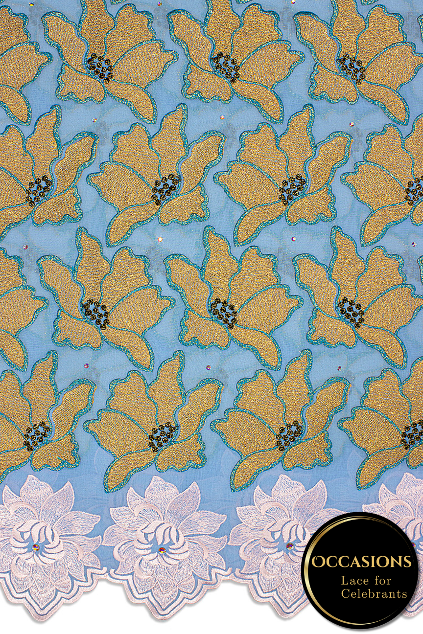 OCL203-SKB - Big Voile Lace, Made In Austria - Sky Blue, Gold & Light Pink
