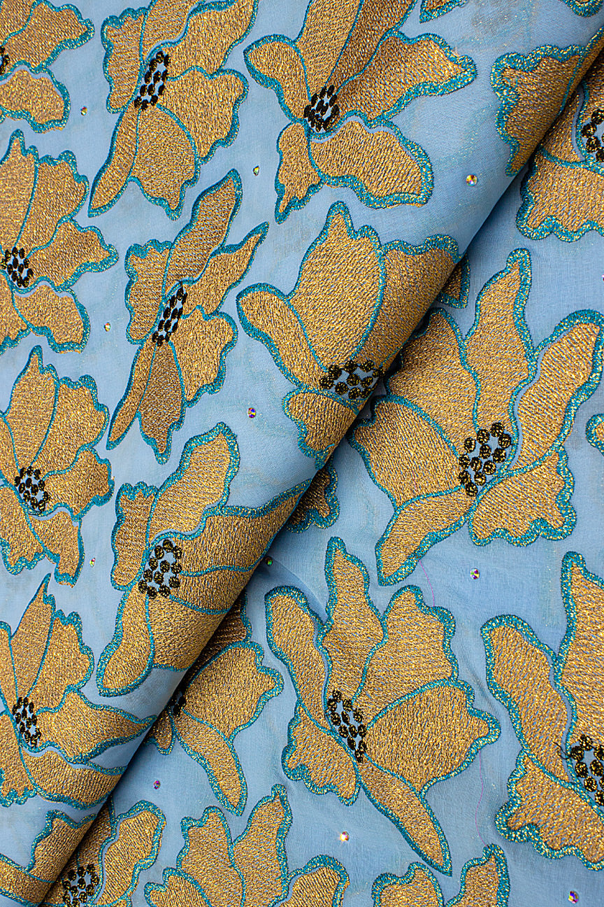 OCL203-SKB - Big Voile Lace, Made In Austria - Sky Blue, Gold & Light Pink