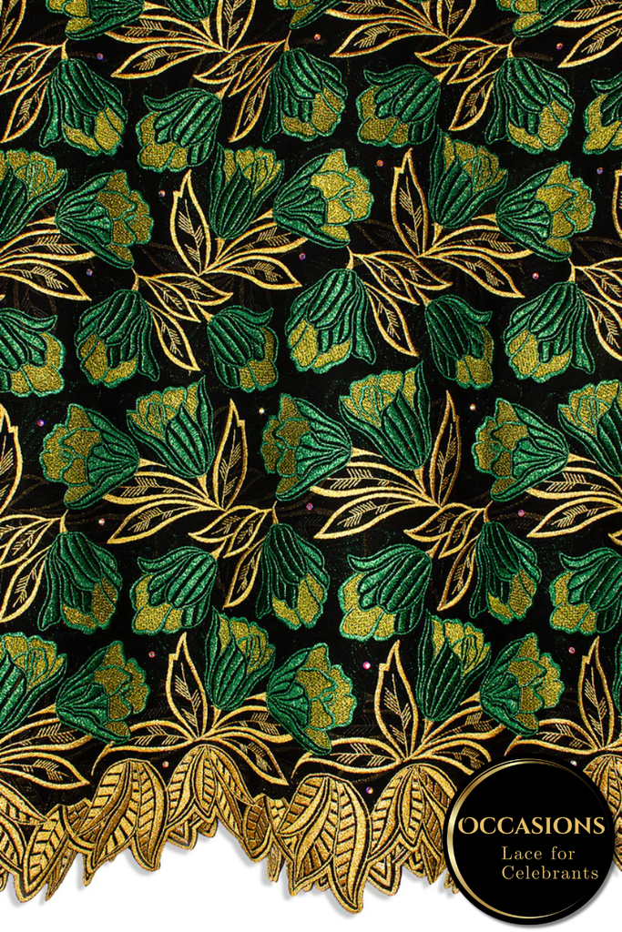 OCL204-BLK - Big Voile Lace, Made In Austria - Black, Forest Green & Gold