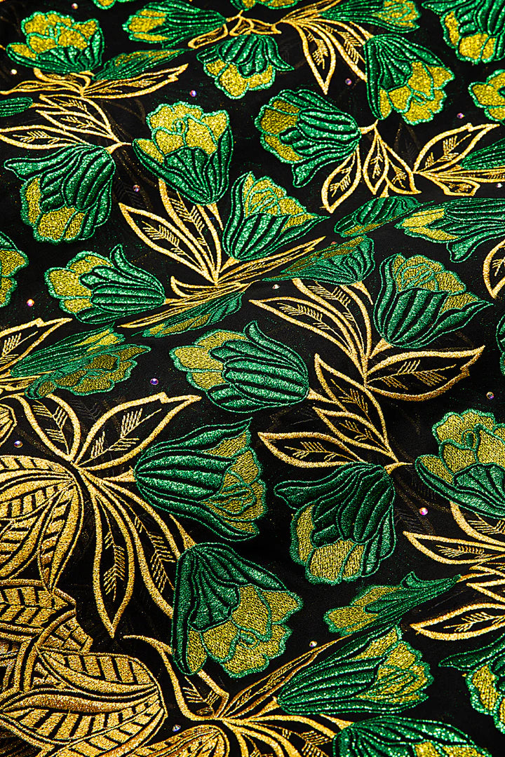 OCL204-BLK - Big Voile Lace, Made In Austria - Black, Forest Green & Gold
