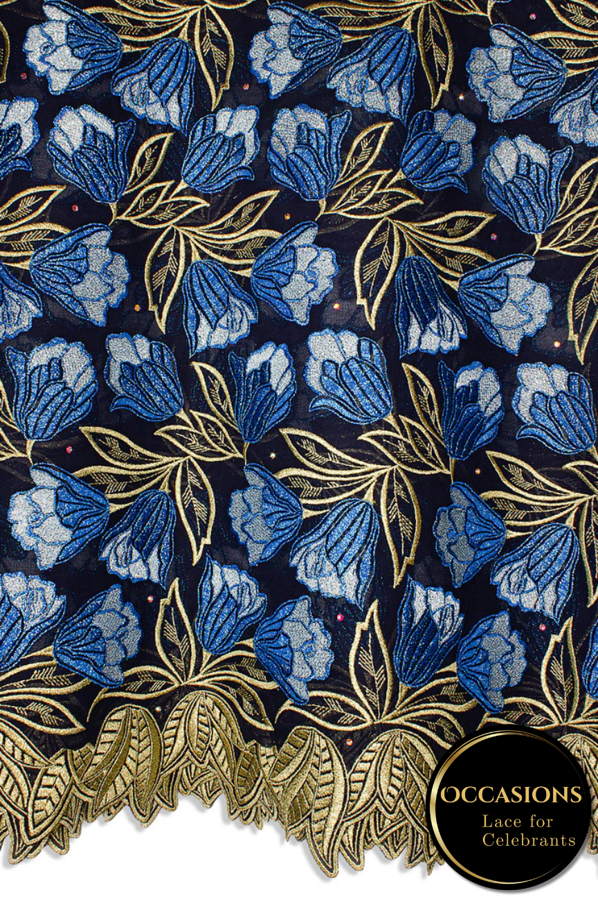 OCL204-BLU - Big Voile Lace, Made In Austria - Navy, Royal Blue, Gold & Silver