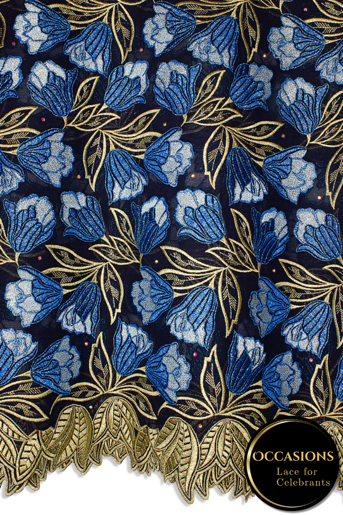 OCL204-BLU - Big Voile Lace, Made In Austria - Navy, Royal Blue, Gold & Silver