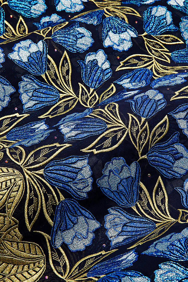 OCL204-BLU - Big Voile Lace, Made In Austria - Navy, Royal Blue, Gold & Silver