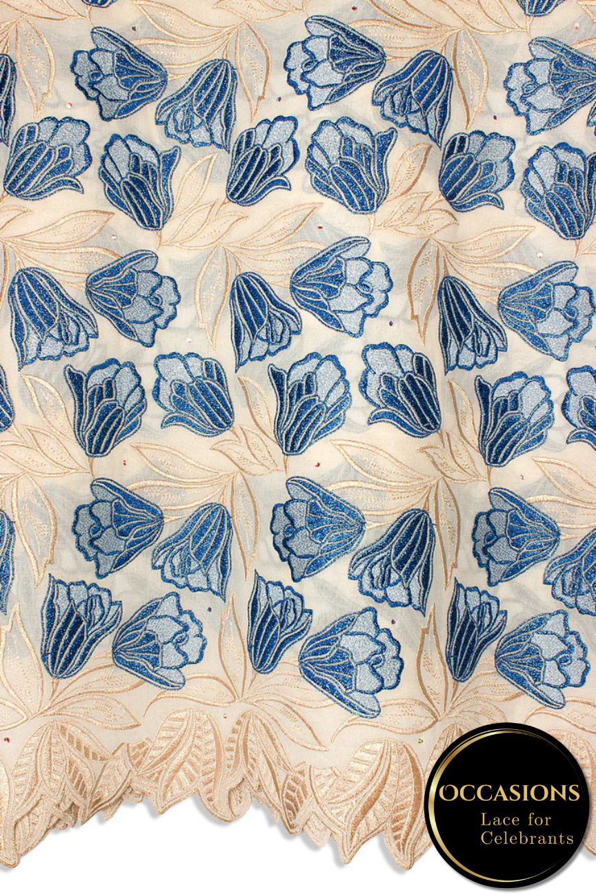 OCL204-CRM - Big Voile Lace, Made In Austria - Cream, Royal Blue & Gold