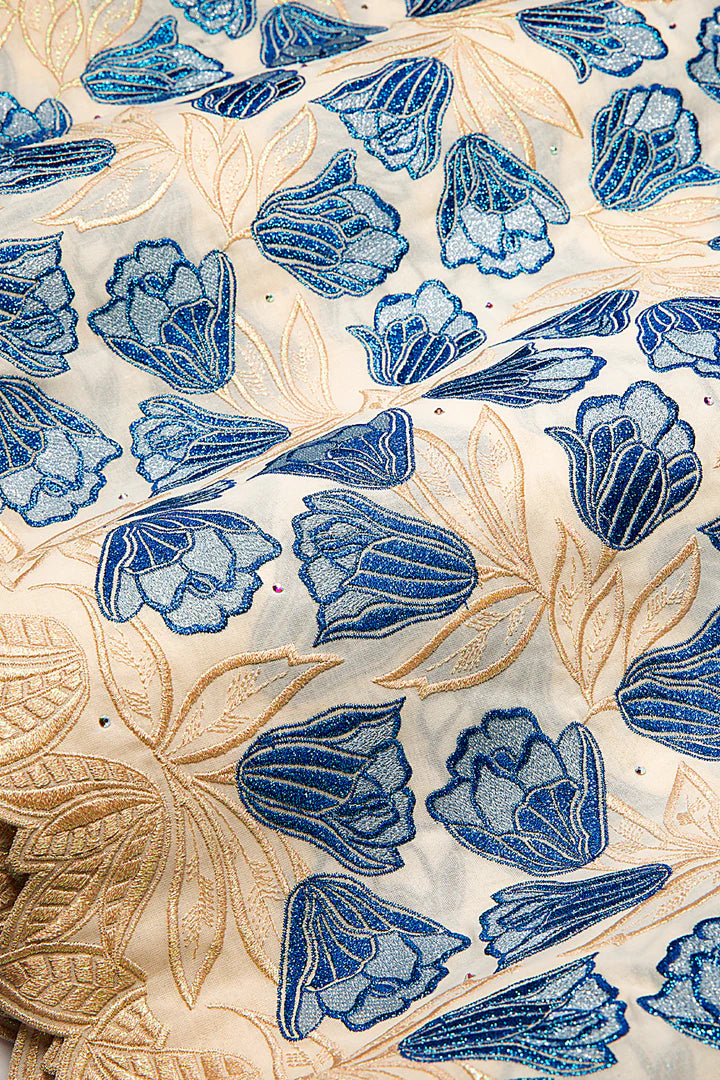 OCL204-CRM - Big Voile Lace, Made In Austria - Cream, Royal Blue & Gold