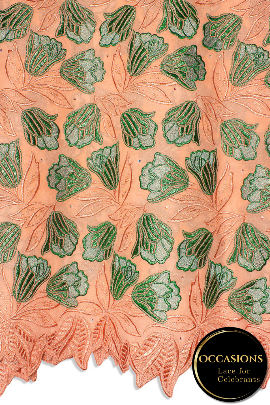 OCL204-PCH - Big Voile Lace, Made In Austria - Peach & Emerald Green