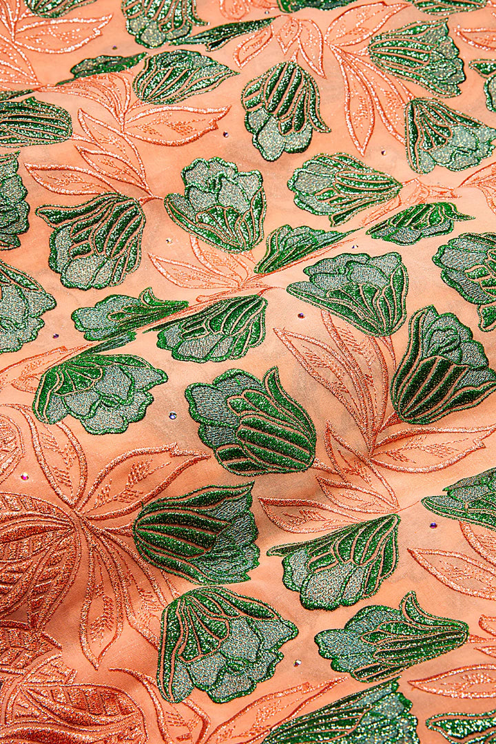 OCL204-PCH - Big Voile Lace, Made In Austria - Peach & Emerald Green