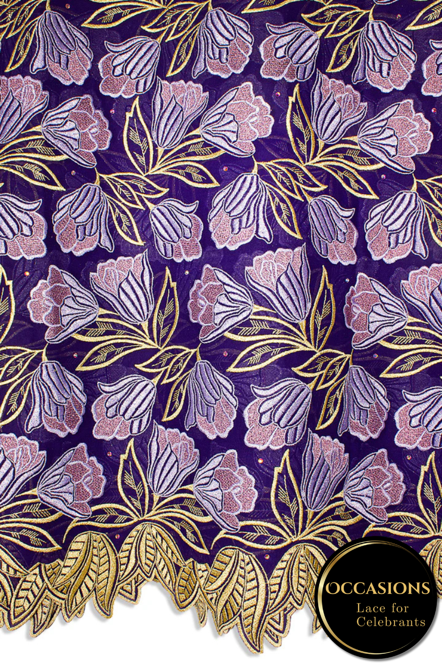 OCL204-PUR - Big Voile Lace, Made In Austria - Deep Purple, Lilac & Gold