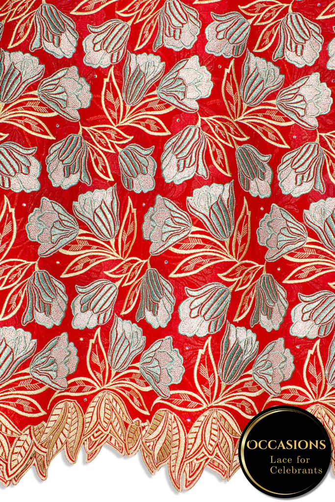 OCL204-RED - Big Voile Lace, Made In Austria - Red, Turquoise Green & Gold