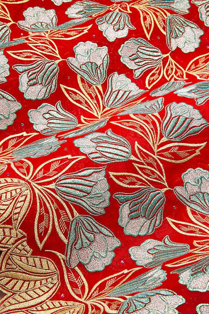 OCL204-RED - Big Voile Lace, Made In Austria - Red, Turquoise Green & Gold