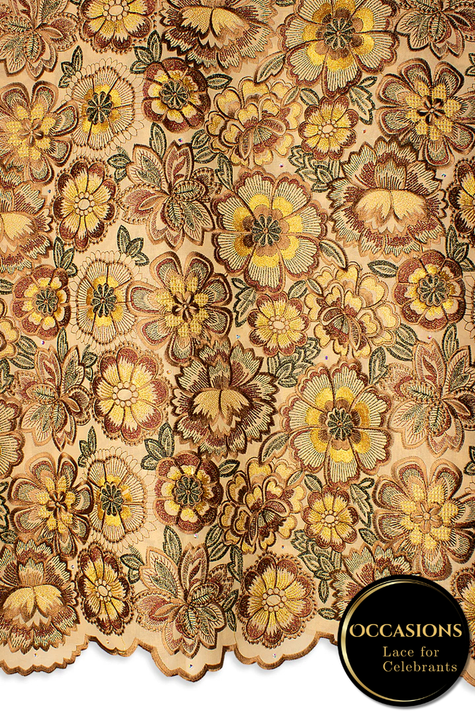 OCL205-GLD - Big Voile Lace, Made In Austria - Golden Brown, Chocolate, Gold & Black