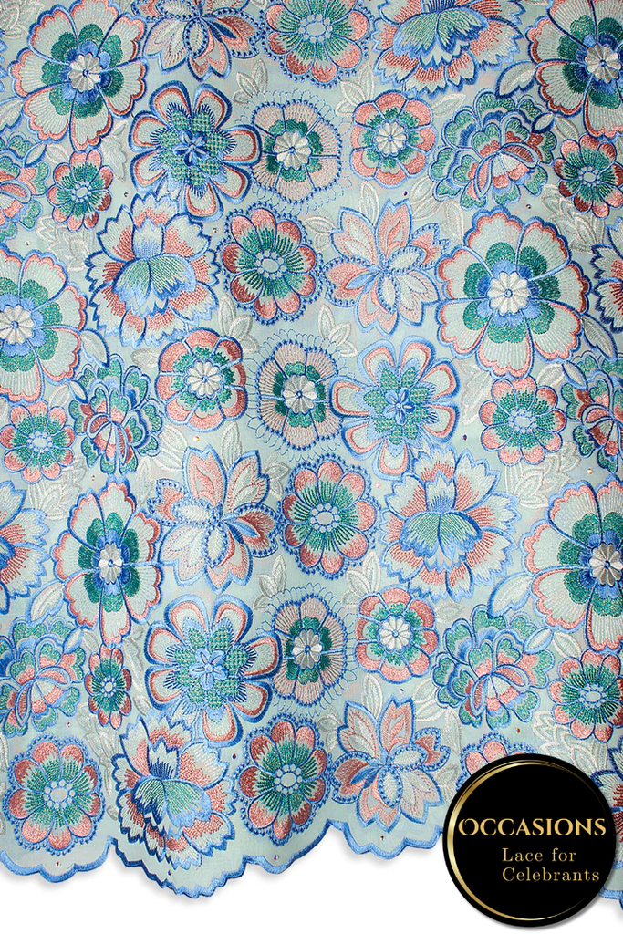OCL205-WSK - Big Voile Lace, Made In Austria - White, Sky Blue, Pink & Turquoise Green