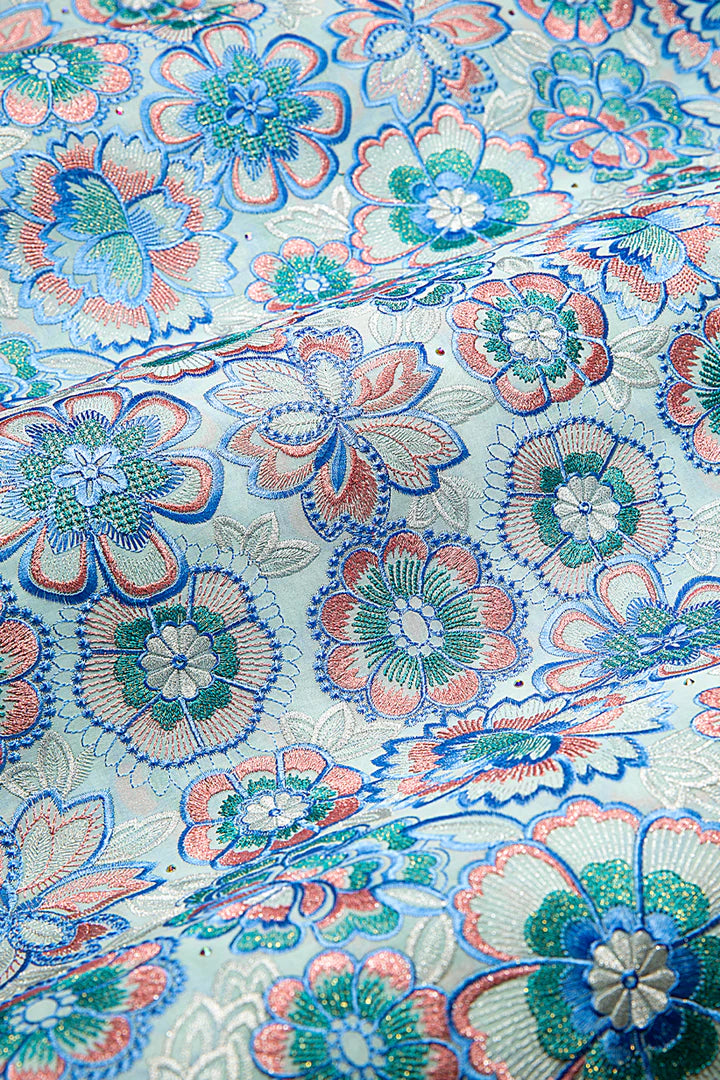 OCL205-WSK - Big Voile Lace, Made In Austria - White, Sky Blue, Pink & Turquoise Green