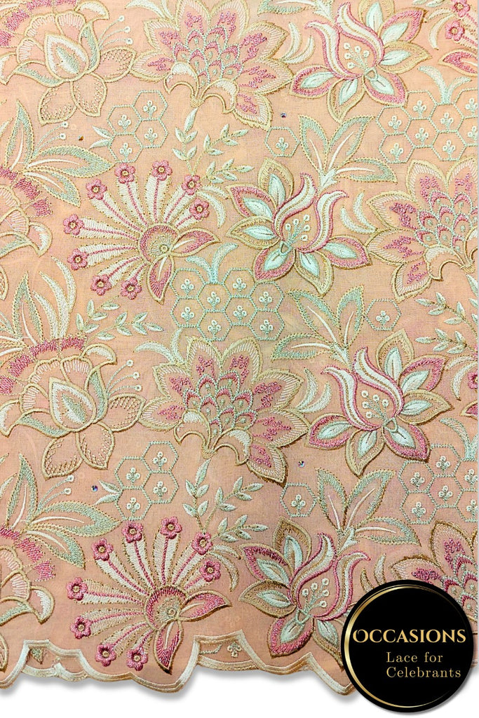 OCL206-PCH - Big Voile Lace, Made In Austria - Peach & Gold