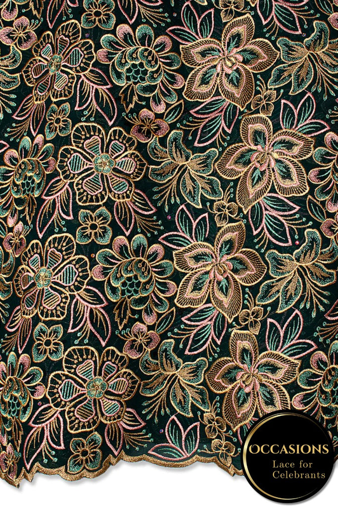 OCL207-BGN - Big Voile Lace, Made In Austria - Bottle Green, Peach, Pink & Teal