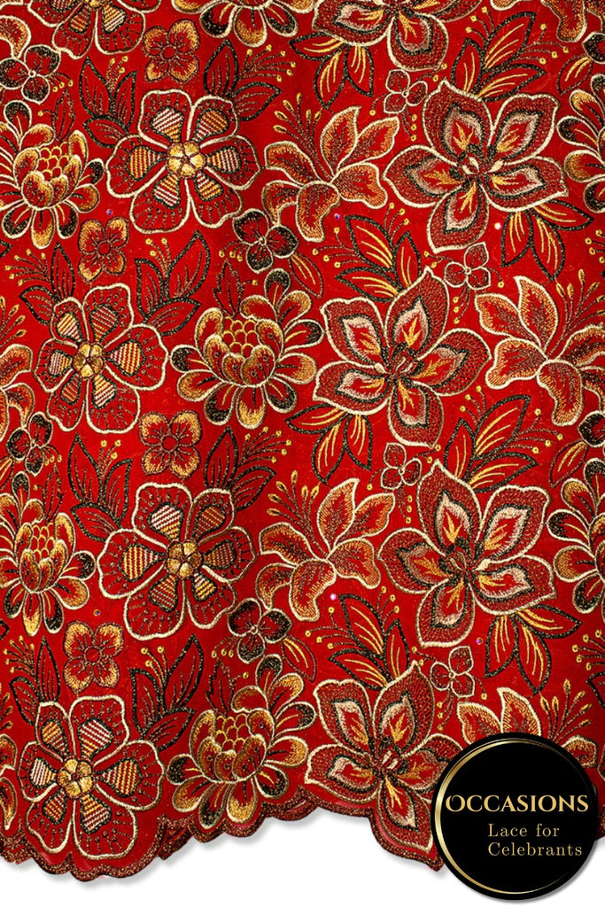 OCL207-RED - Big Voile Lace, Made In Austria - Red, Black & Gold