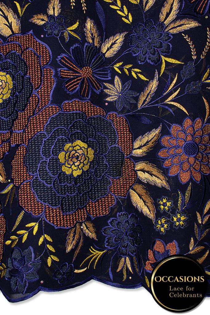 OCL208-MDB - Big Voile Lace, Made In Austria - Midnight Blue, Wine & Gold